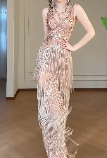 V-Neck Sequin Tassel Sleeveless Backless Long Evening Gown fg8795