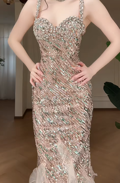 Sweetheart Spaghetti Strap Sequin Mermaid Long Evening Gown fg8796