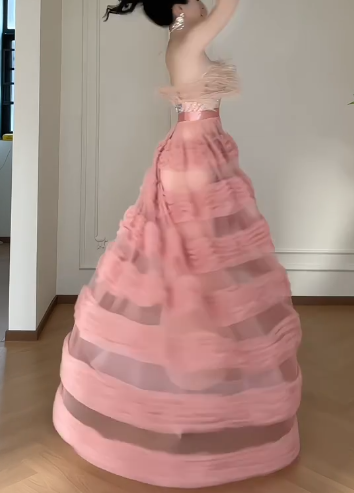Strapless Feather Tiered Tulle A-Line Long Evening Gown  fg8792