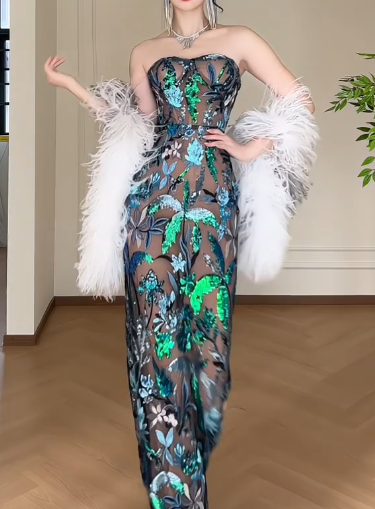 Strapless Floral Sequin Mesh Mermaid Long Evening Gown fg8797