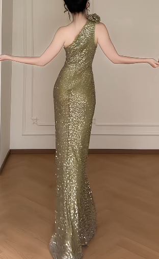 One Shoulder Green Sequin Slit Mermaid Evening Gown fg8800