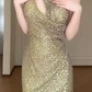 One Shoulder Green Sequin Slit Mermaid Evening Gown fg8800