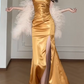 Strapless Gold Satin Beaded Slit Mermaid Evening Gown fg8801