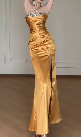 Strapless Gold Satin Beaded Slit Mermaid Evening Gown fg8801