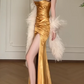 Strapless Gold Satin Beaded Slit Mermaid Evening Gown fg8801