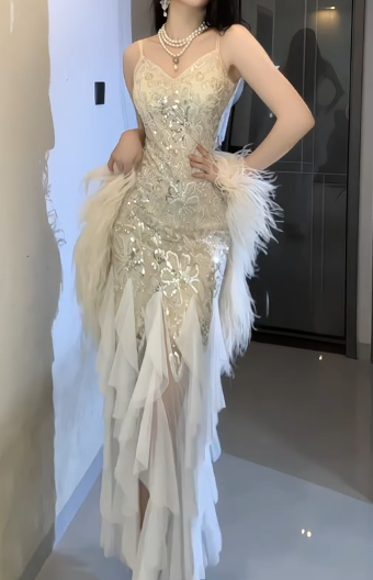 Spaghetti Strap V Neck Beaded Sequin Ruffle Mermaid Evening Dress fg8803