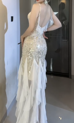 Spaghetti Strap V Neck Beaded Sequin Ruffle Mermaid Evening Dress fg8803