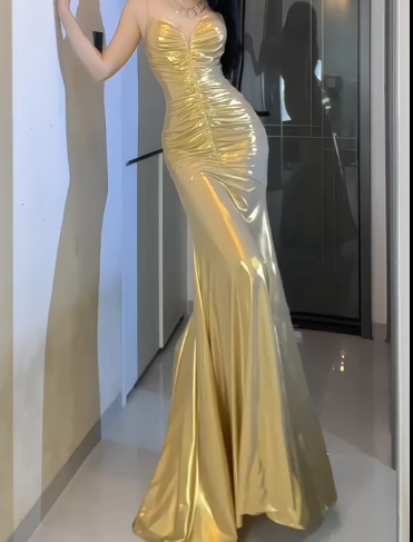 Spaghetti Strap Metallic Ruched Mermaid Evening Dress  fg8790