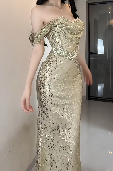 Off Shoulder Beaded Sequin Mermaid Evening Dress fg8805