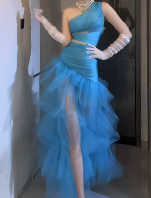 One Shoulder Cutout Ruffled Tulle Mermaid Evening Dress fg8809