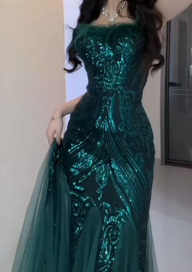 Strapless Feather Sequin Mermaid Evening Dress fg8810
