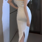 Strapless Feather Midi Split Bodycon Evening Dress fg8812