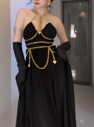 Halter Gold Chain Decor Pleated Chiffon Evening Gown  fg8815