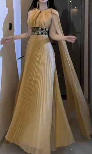 Halter Keyhole Pleated Chiffon Evening Gown With Cape Sleeves fg8813
