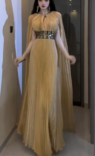 Halter Keyhole Pleated Chiffon Evening Gown With Cape Sleeves fg8813