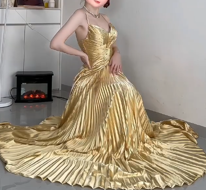 Sweetheart Spaghetti Strap Pleated Satin Evening Gown With Beading  fg8816