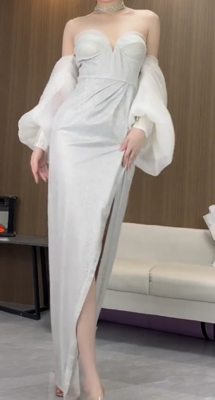 Strapless Sweetheart Slit Mermaid Evening Gown With Detachable Puff Sleeves  fg8818