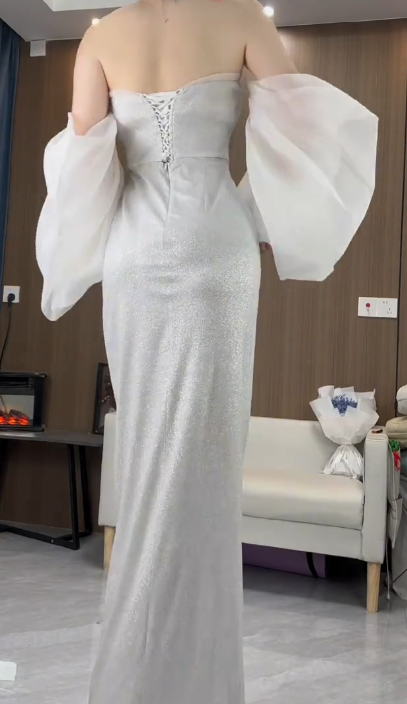 Strapless Sweetheart Slit Mermaid Evening Gown With Detachable Puff Sleeves  fg8818