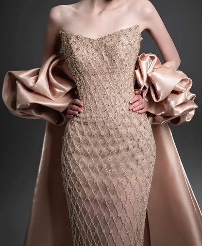 Strapless Sweetheart Beaded Mermaid Evening Gown With Detachable Satin Overskirt  fg8819