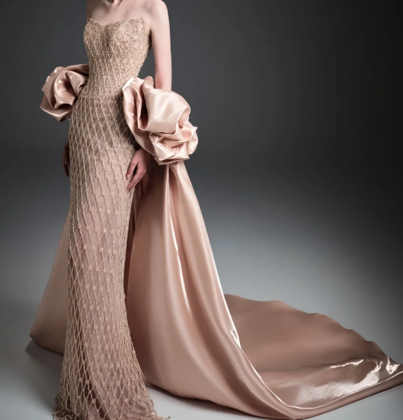 Strapless Sweetheart Beaded Mermaid Evening Gown With Detachable Satin Overskirt  fg8819