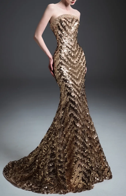 Strapless Chevron Sequin Mermaid Evening Gown fg8825