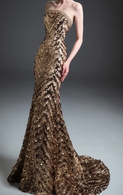 Strapless Chevron Sequin Mermaid Evening Gown fg8825