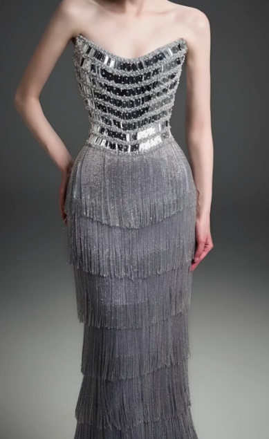 Sweetheart Strapless Tiered Fringe Evening Gown fg8826