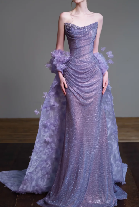 Strapless Draped Glitter Mermaid Evening Gown With 3D Floral Train fg8829