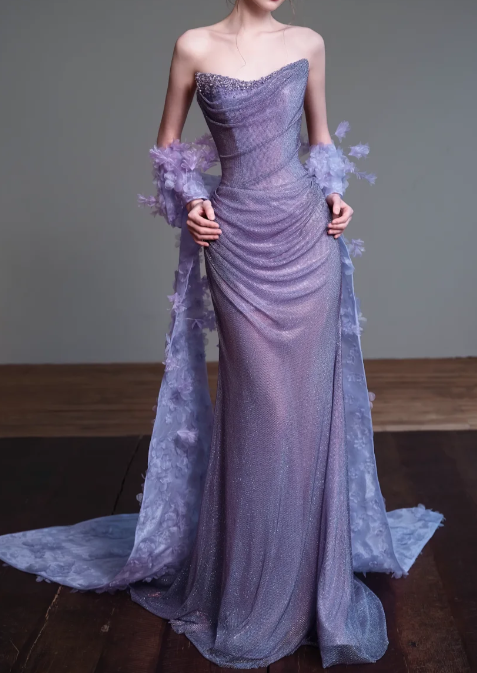 Strapless Draped Glitter Mermaid Evening Gown With 3D Floral Train fg8829