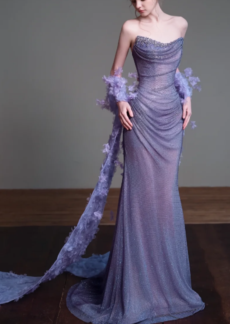 Strapless Draped Glitter Mermaid Evening Gown With 3D Floral Train fg8829