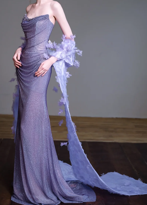 Strapless Draped Glitter Mermaid Evening Gown With 3D Floral Train fg8829