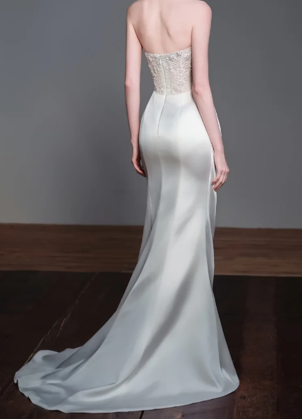 Strapless Beaded Draped Satin Mermaid Wedding Dress fg8830