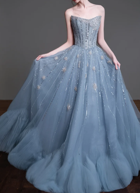 Strapless Beaded Tulle Ball Gown Evening Dress fg8833
