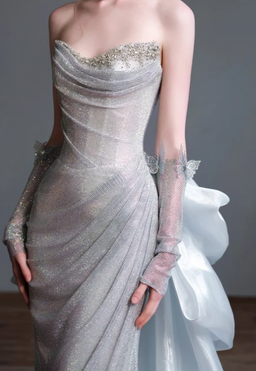 Strapless Ruched Sparkly Mermaid Evening Gown With Bow Train fg8835