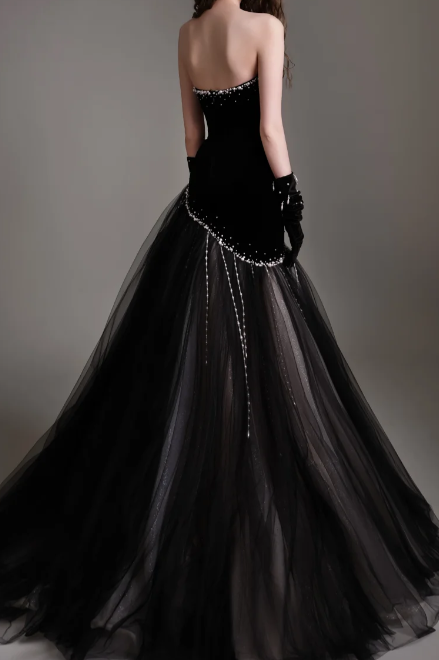 Strapless Beaded Velvet Tulle  Evening Dress fg8839
