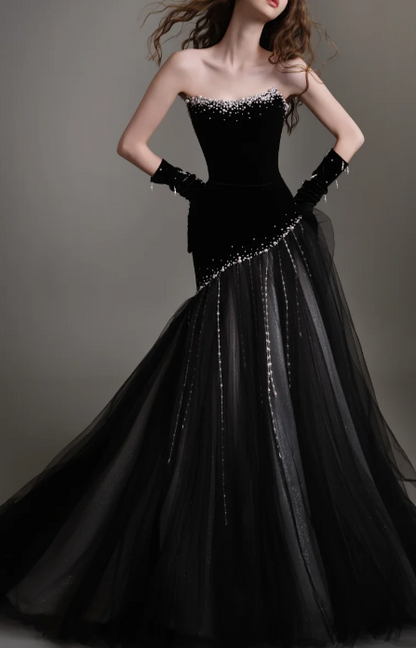 Strapless Beaded Velvet Tulle  Evening Dress fg8839