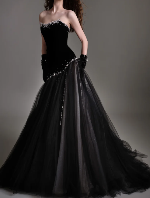 Strapless Beaded Velvet Tulle  Evening Dress fg8839