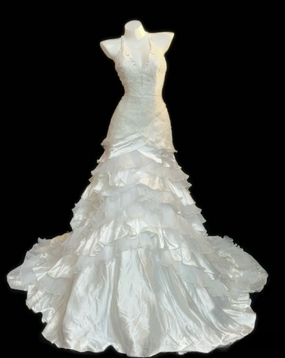 Halter Beaded Ruffled Mermaid Wedding Dress fg8845