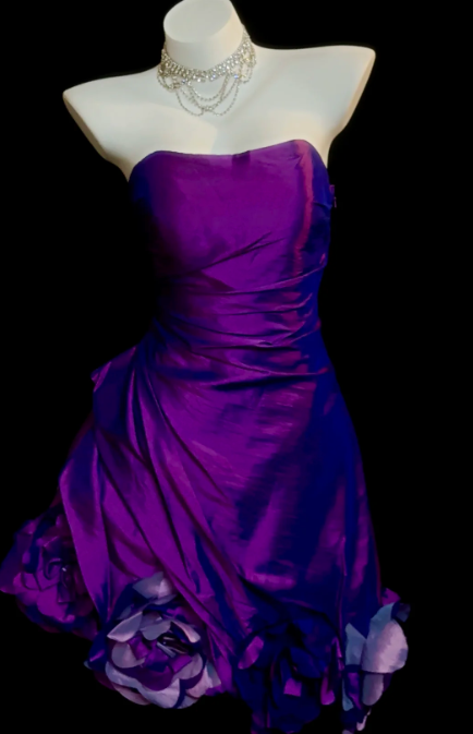 Strapless Ruched Iridescent Taffeta Short Dress With 3D Floral Hem fg8858