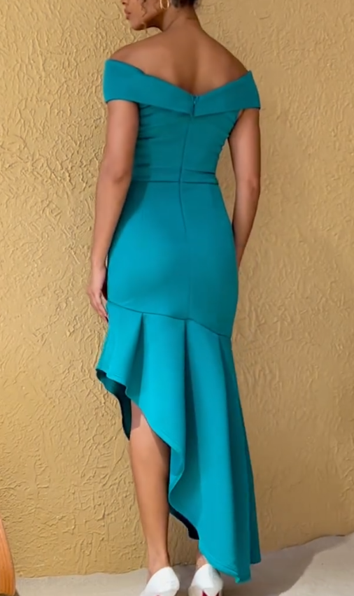 V Neck Ruffled High Low Midi Chiffon Evening Dress fg8863