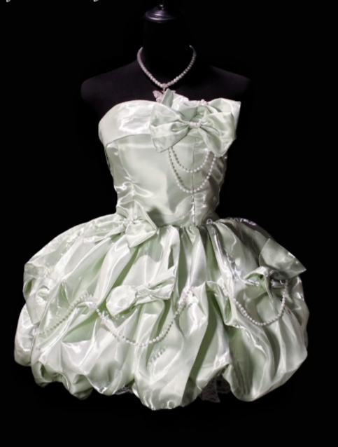 Strapless Bow Pearl Decor Satin Mini Bubble Homecoming Dress, Light Green Short Formal Gown fg8866