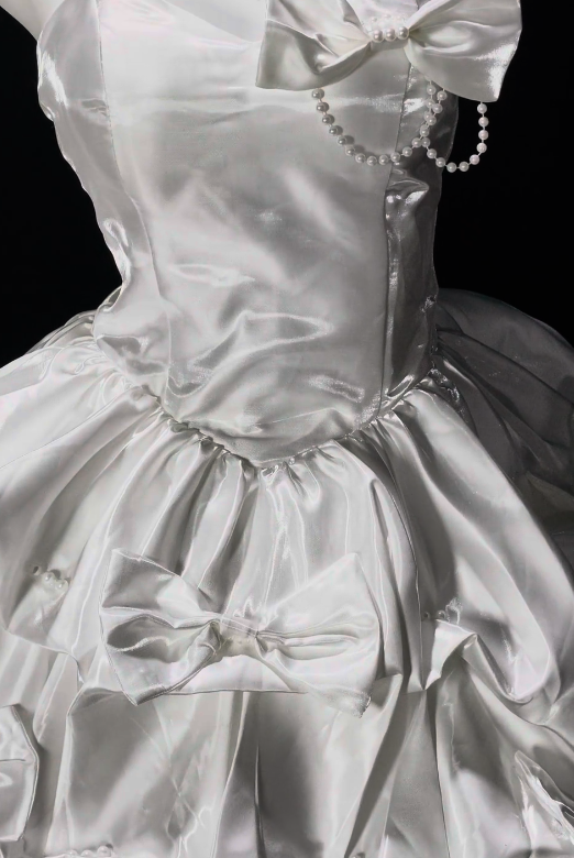 Strapless Bow Pearl Decor Satin Puffy Mini Homecoming Dress, White Short Formal Gown fg8869