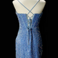 Spaghetti Strap Beaded Sequin Ruched Bodycon Mini Homecoming Dress, Light Blue Short Party Gown fg8870