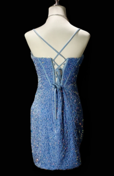 Spaghetti Strap Beaded Sequin Ruched Bodycon Mini Homecoming Dress, Light Blue Short Party Gown fg8870
