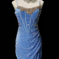 Spaghetti Strap Beaded Sequin Ruched Bodycon Mini Homecoming Dress, Light Blue Short Party Gown fg8870