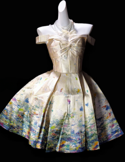 Off Shoulder Bow Printed Satin Puffy Short Homecoming Dress fg8871
