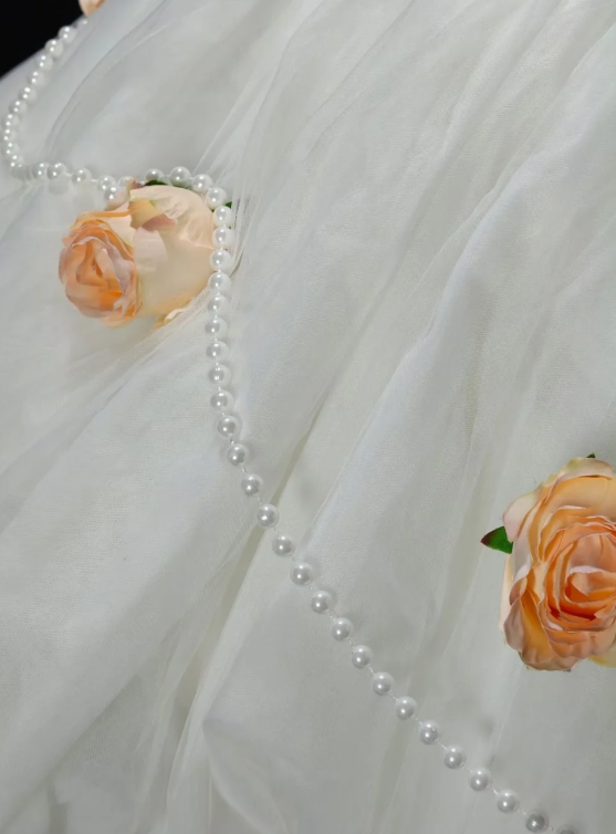 Strapless 3D Rose Pearl Lace Tulle Short Wedding Dress  fg8900