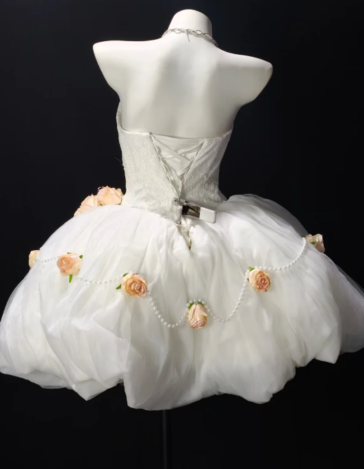 Strapless 3D Rose Pearl Lace Tulle Short Wedding Dress  fg8900