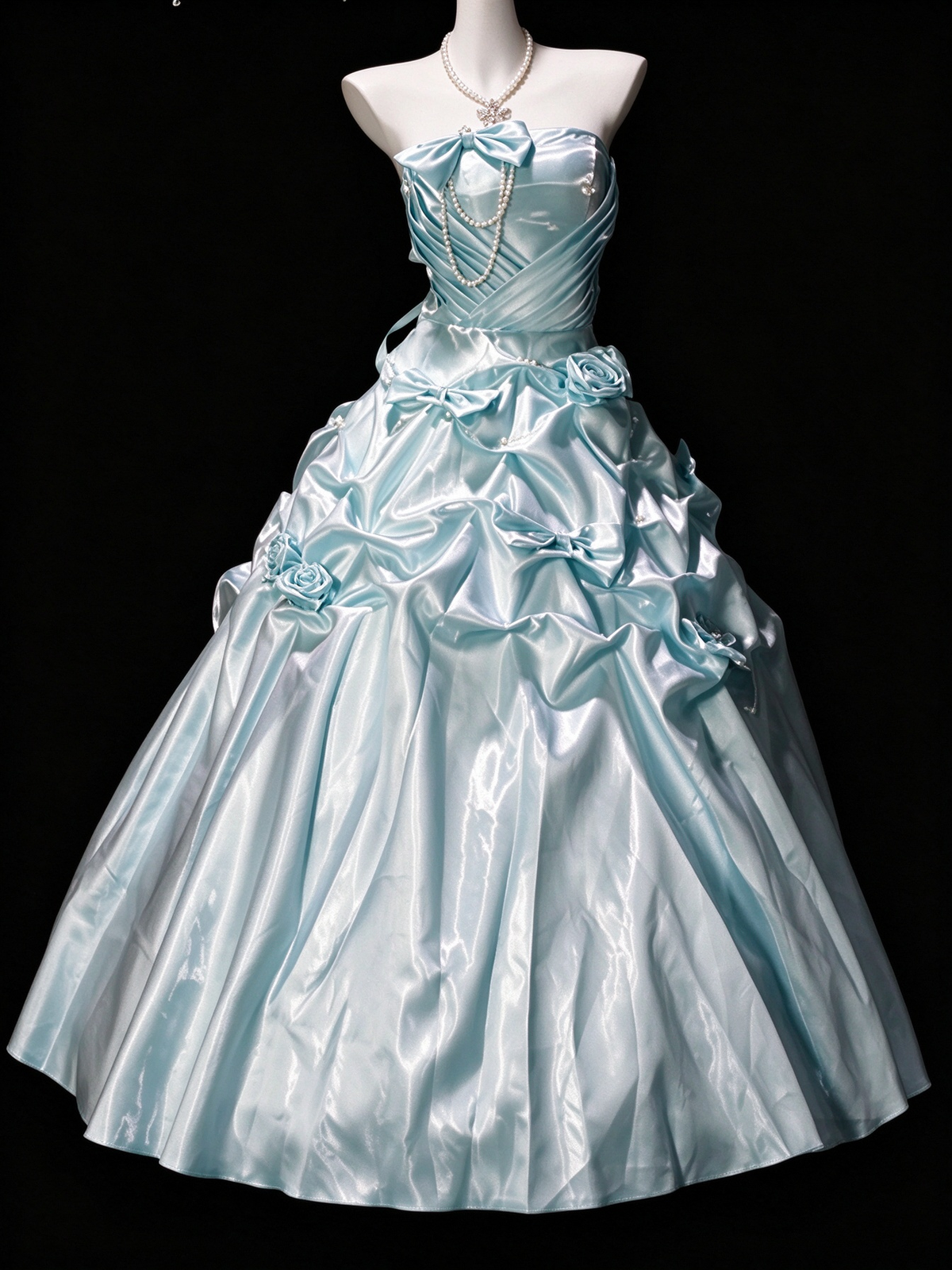 Strapless Ruched Bow Pearl Satin Ball Gown  fg8906
