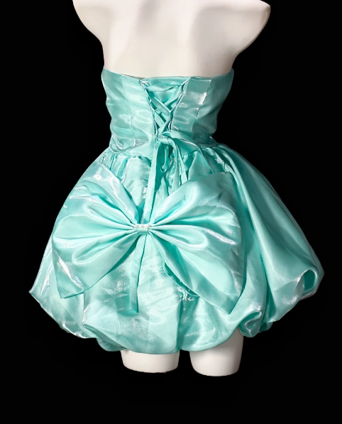 Strapless Bow Pearl 3D Floral Satin Short Bubble Party Dress  fg8901